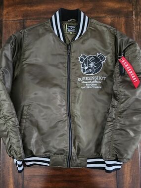 Screenshot Brand Urban Streetwear Olive Bomber Jacket with Graphic Logo - Medium